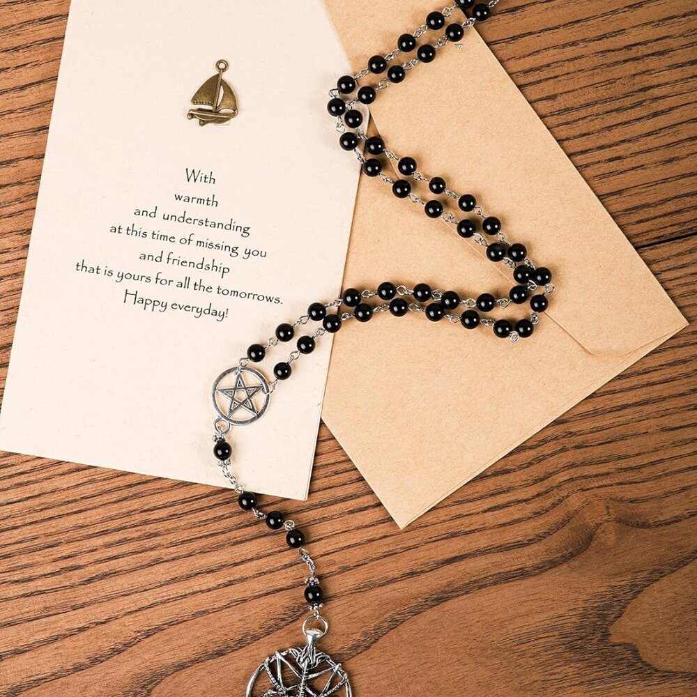 Gothic Baphomet Necklace Zinc Chain Long Bead Rosary Halloween Christmas Gift - Picture 7 of 8